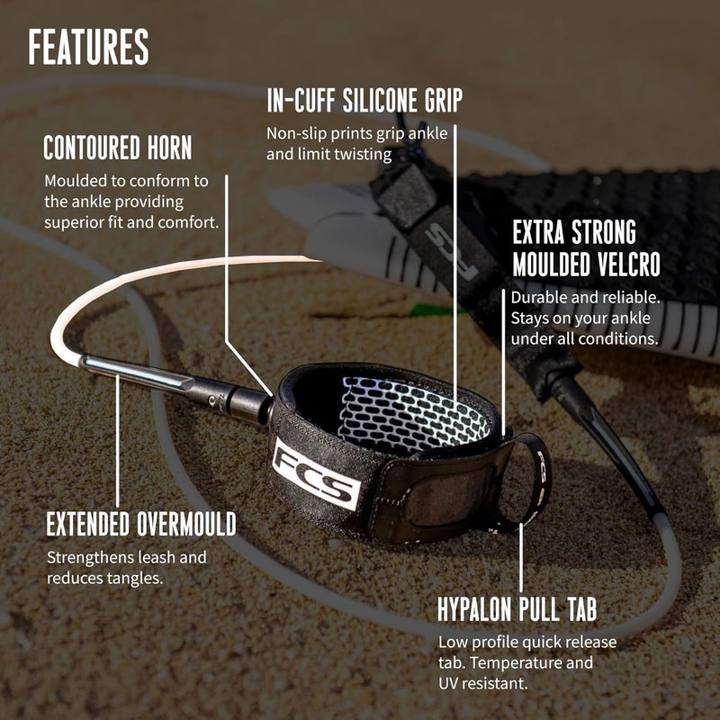 FCS All Round Essential Leash | Lightweight & Durable Surf Leash for 2-8ft Waves, in-Cuff Silicone Grip, Easy-Release Tab - Image 4